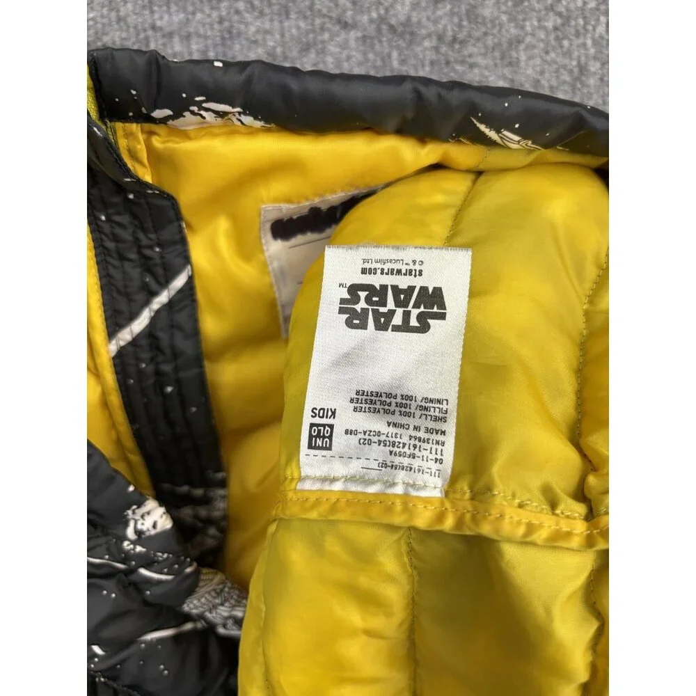 Uniqlo Star Wars Jacket Kids 12 Black Hooded Puffer Full Zip Yellow Lining‎